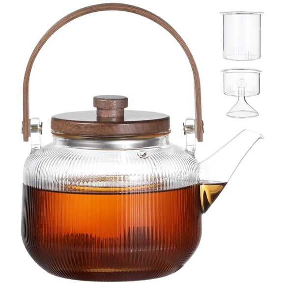 Bottlepic 34oz Transparent Borosilicate Glass Stovetop Teapot with Wooden Lid