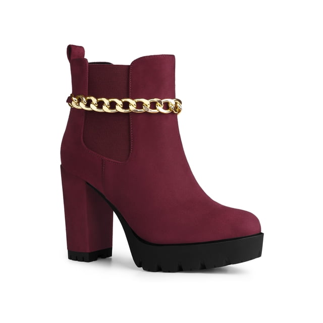 BLISSFUL STEP Women's Platform Chain Block High Heel Ankle Boots Burgundy 6