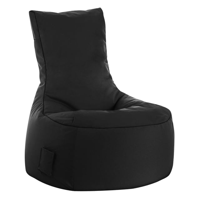 Gouchee Home Swing Brava Black Bean Bag Chair in black water-repellent polyester oxford fabric with high-density virgin polystyrene bead filling, measuring 37"W x 26"D x 35"H, lightweight and portable seating suitable for adults and teens in bedrooms, dorms, or living rooms.