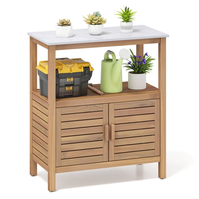 Gymax Banc de Rempotage Extérieur avec Tablette de Rangement en Résine et Portes à Persiennes pour Armoire