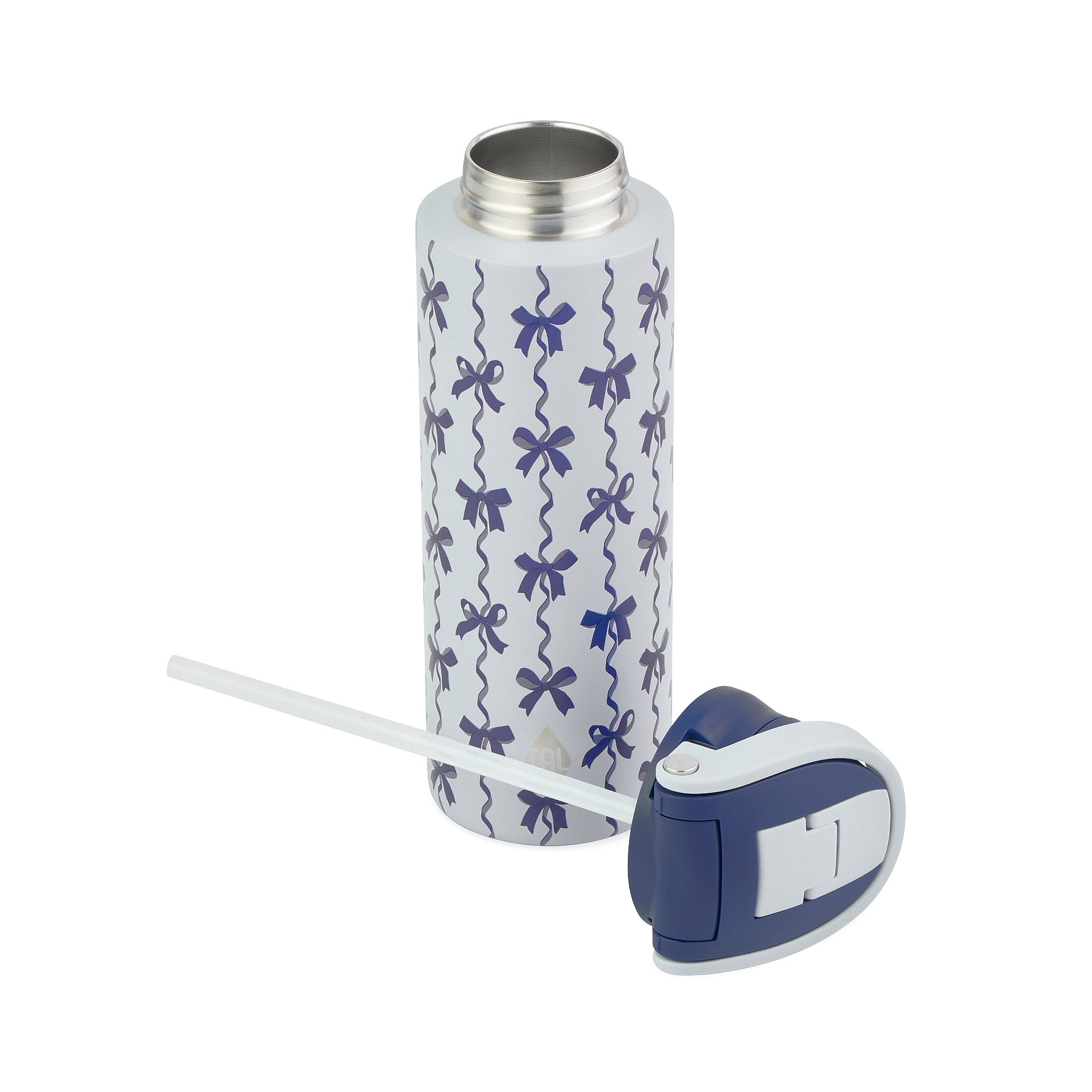 TAL Stainless Steel 2-in-1 Straw and Chug Water Bottle with Push Lid 24 fl oz, Blue Bows