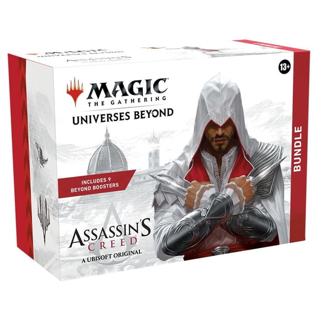 Magic: The Gathering - Assassin's Creed Trousse Mettant en Vedette un Personnage Assassin en robes Blanches et Rouges avec des Bras Croisés Tenant des Lames Cachées, Comprend 9 Boosters Beyond et une Oeuvre de Paysage Urbain Renaissance sur l'Emballage.