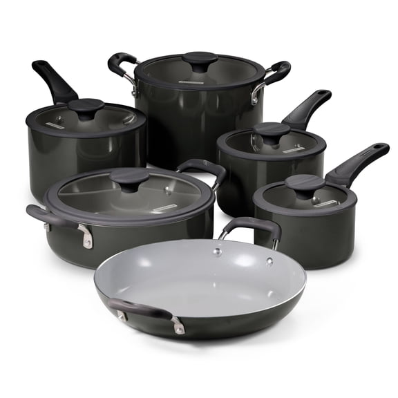 Tramontina Batterie de Cuisine Emboîtable Antiadhésive en Céramique 11 Pcs Empilable, Ensemble Gain de Place - Gris Foncé