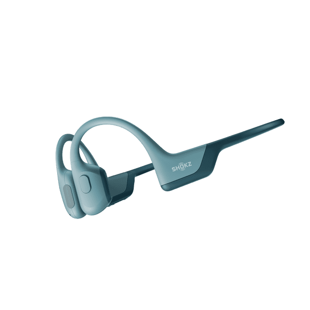Shokz OpenRun Pro premium bone conduction headphones in blue featuring an open-ear design, titanium frame, IP55 water resistance, dual noise-canceling microphones, and 10-hour battery life, shown in a close-up angled view on a white background, ideal for sports and active use.