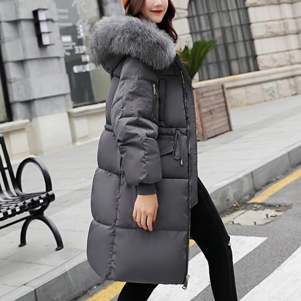 OHGA PUFF COAT グレー WRKEKC Women's Mid Length Puffer Coat Oversized Faux Fur Hood