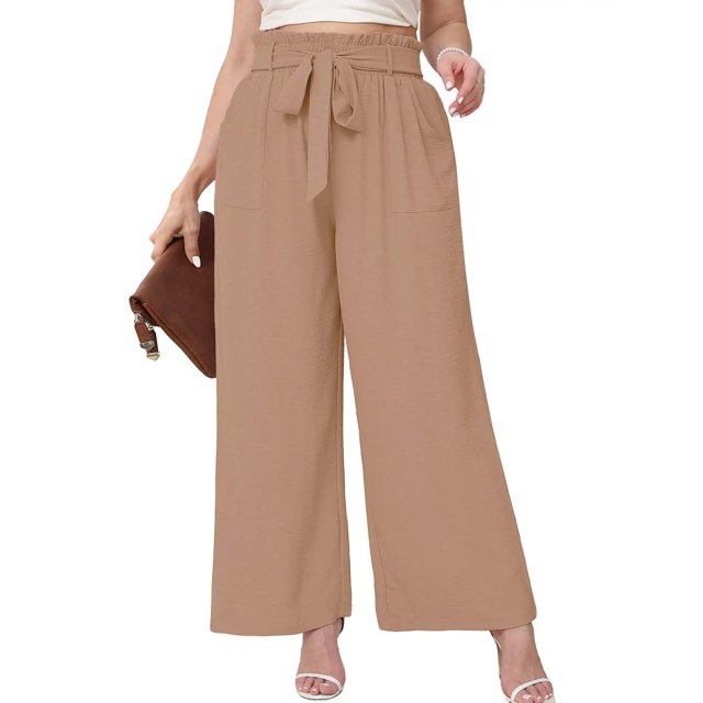 Showmall Women's Plus Size High Waisted Palazzo Pants with Adjustable Belt, Peach Puff, 3X
