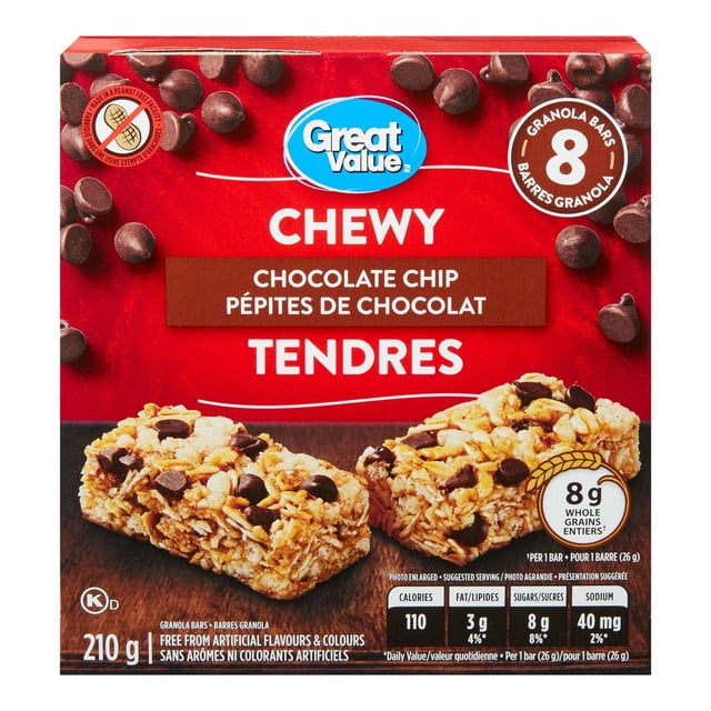 Great Value Chewy Chocolate Chip Granola Bars box with 8 individually wrapped bars, showing two bars with visible chocolate chips and rolled oats on a dark surface, containing 8 grams of whole grains per bar and free from artificial flavours and colours, often used as a convenient snack between meals.