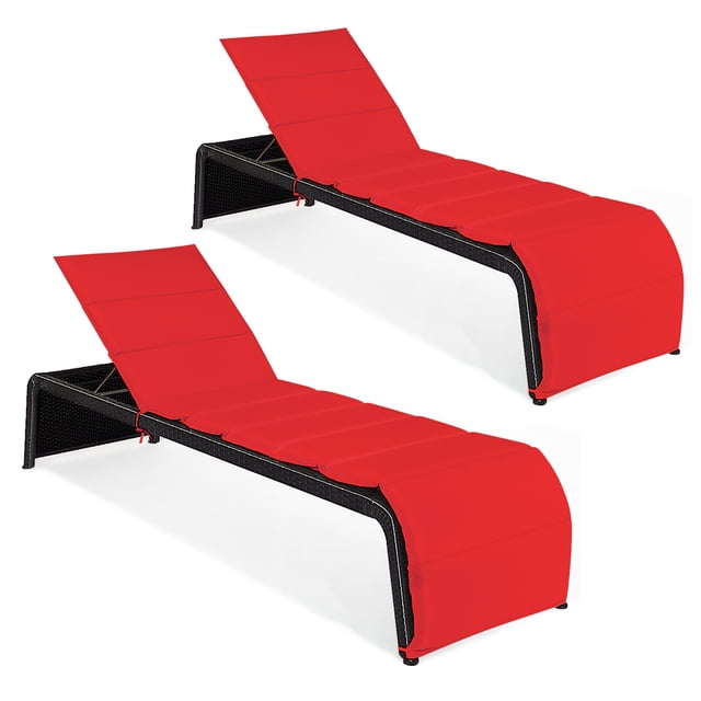Topbuy Causeuse Longue Inclinable d'Extérieur en Rotin Réglable, 2 Pcs, avec Coussins Rouges