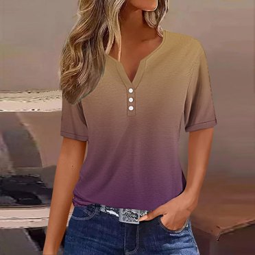 Meichang Henley Shirts for Women 2025 Trendy Gradient Button V Neck T Shirts Casual Summer Short Sleeve Tees Loose Fit Work Tops