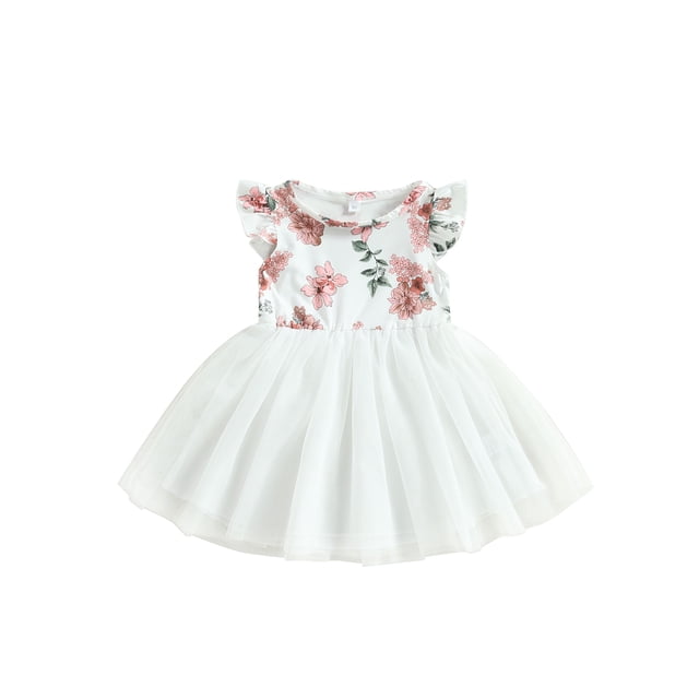 Kmbangi Robe Patchwork en Tulle à Imprimé Floral Manches Volantes Col Rond Ligne A pour Bébé Enfants Filles Été 1-5 Ans