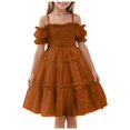 thumbnail image 1 of YDFCWXW Girls Cold Shoulder Shirred White Off Shoulder Ruffle Sleeve Summer A-Line Princess Sundress (Brown, 5-6 Years), 1 of 6