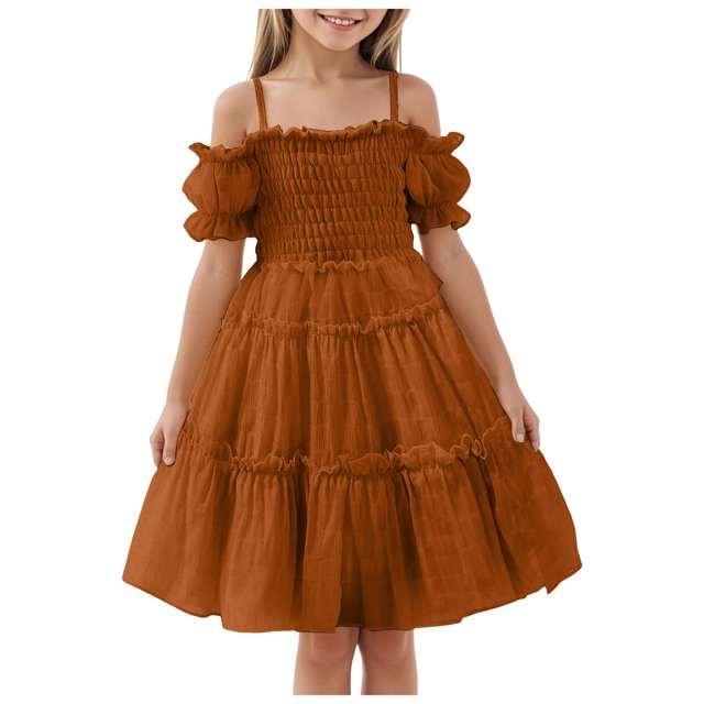 YDFCWXW Girls Cold Shoulder Shirred White Off Shoulder Ruffle Sleeve Summer A-Line Princess Sundress (Brown, 5-6 Years)