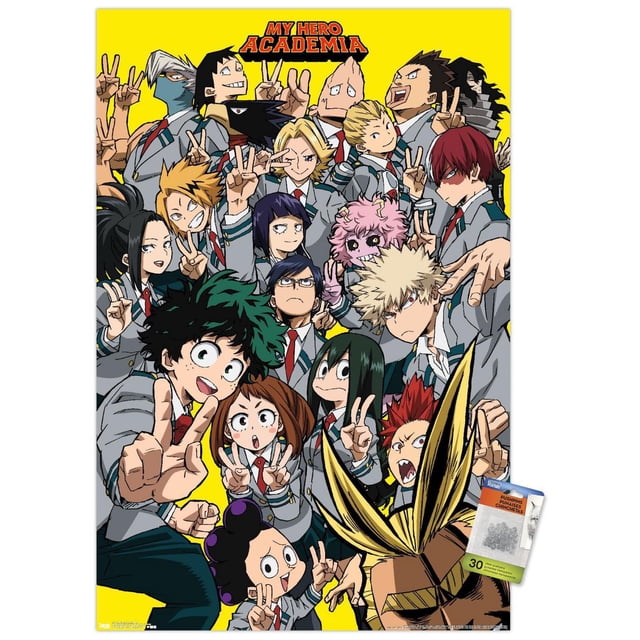 My Hero Academia - Affiche Murale Selfie, 22,375 Po x 34 Po Mettant en Vedette des Personnages d'Anime en Uniformes Scolaires Gris avec Cravates Rouges Posant avec des Signes de Paix sur un Fond Jaune Vif, avec le logo My Hero Academia en Haut. Idéal pour la Déco Murale de Chambre Ou de Dortoir.