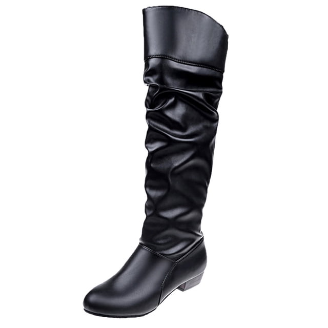 Babysbule Chaussures pour Femmes en Liquidation, Bottes Hautes à Enfiler pour Femmes à Talon Carré de Couleur Unie, Bottes Hauteur Genou à Bout Rond