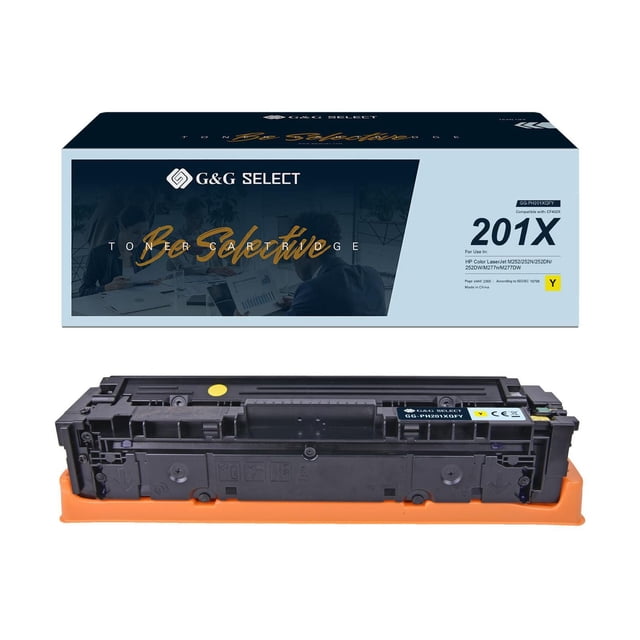 G&G Select HP CF402X Remanufactured Yellow Toner Cartridge with retail packaging, compatible with HP Color LaserJet printers, high-yield up to 2300 pages, featuring black plastic cartridge with yellow label and orange protective base.