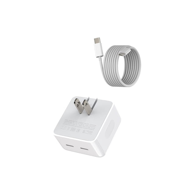 Apple MFi CERT iPhone 15 Pro Max 15 PLUS Fast Charger 35W Dual USB-C Wall Charger Block with a compact white design, foldable plug, and dual USB-C ports. Includes a USB-C to USB-C cable, compatible with iPhone, MacBook, iPad, Samsung, and other USB-C devices. Features PD 3.0 fast charging, portable design, and safety protection against overvoltage and overheating.