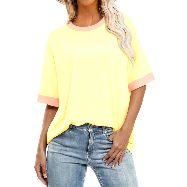 Staron Plus Size T-Shirts for Women Casual Patchwork Color Round Neck Short Sleeve Loose Comfy Basic Spring Summer Top, Yellow L