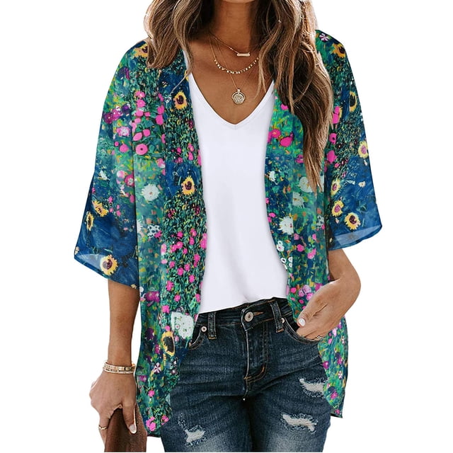 TIMIFIS Womens Floral Chiffon Kimono Cardigans Loose Beach Cover Up Half Sleeve Tops-Green-2-XXXXXLFall