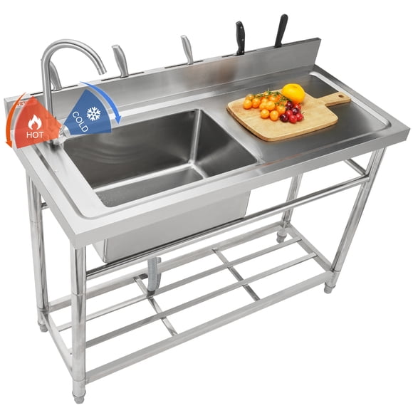 VEVOR Stainless Steel Utility Sink, Free Standing Single Bowl Commercial Kitchen Sink Set w/Workbench, 47 x 19.7 x 37.4 in Commercial Single Bowl Sinks for Garage, Restaurant, Laundry, NSF Certified