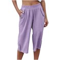 thumbnail image 1 of VEKDONE Womens Cotton Linen Capris Pants Purple L, 1 of 6