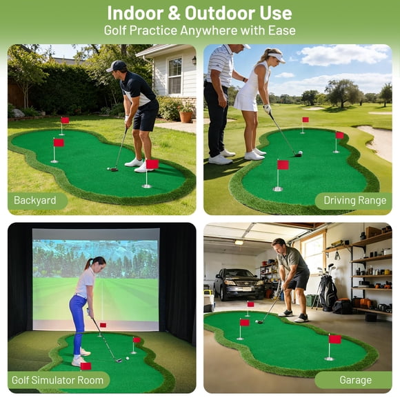 Tapis Vert de Golf 5 X 10 Pi avec 3 Gobelets et 3 Drapeaux, Tapis d'Entraînement de Pratique de Gazon Réaliste Épaissi pour Intérieur et Extérieur, Maison et Cour Arrière, Cadeau Idéal pour Golfeurs