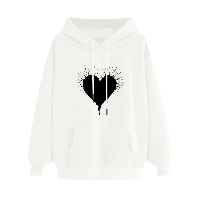 XZNGL Womens Comfortable Sweater Heart Pattern Printed Womens Hooded Pocket Drawstring Sweater