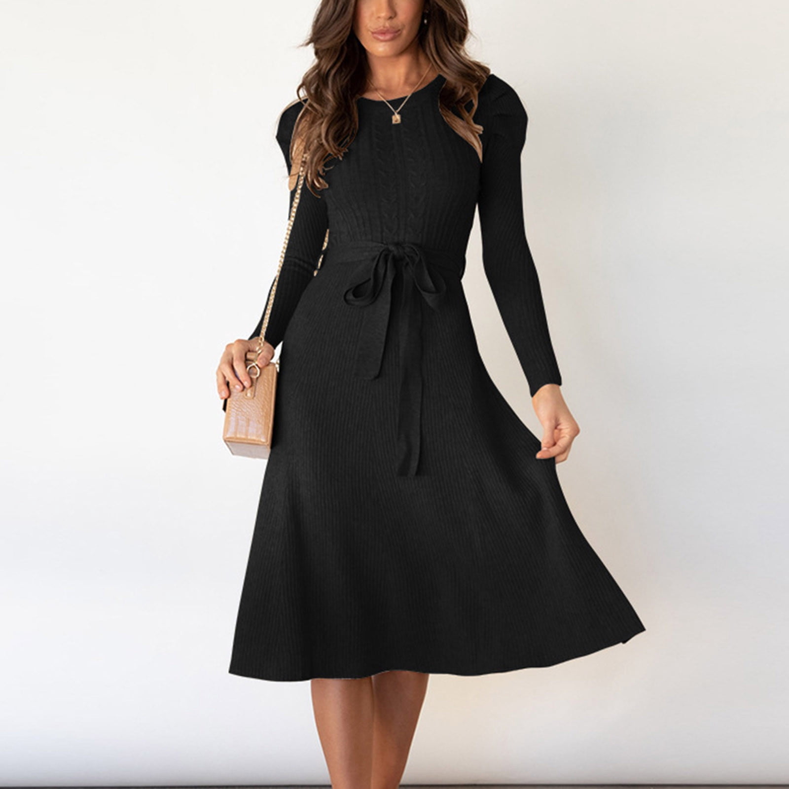 Dvkptbk Chandails pour Femmes Chandail pour Femme Robe Chandail Mi-Longue Col Rond Manches Bouffantes Couleur Unie Jupe Tricotée Vêtements en Liquidation
