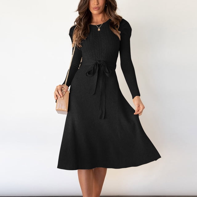 Dvkptbk Chandails pour Femmes Chandail pour Femme Robe Chandail Mi-Longue Col Rond Manches Bouffantes Couleur Unie Jupe Tricotée Vêtements en Liquidation