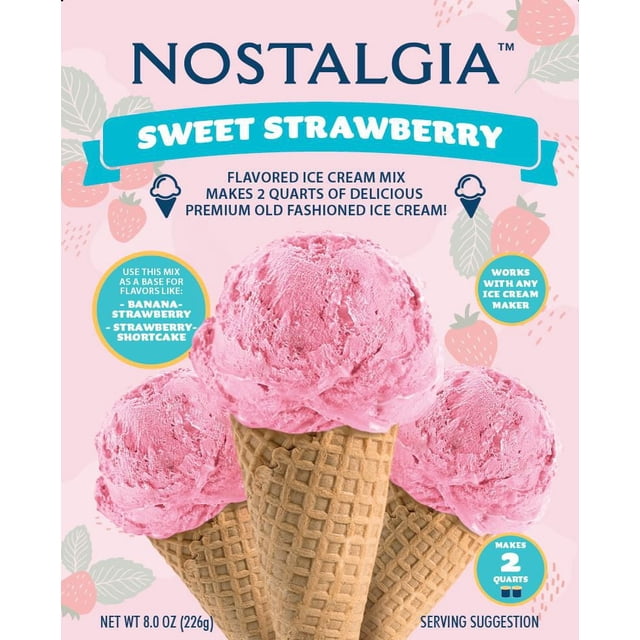 Nostalgia 2-Quart Premium Ice Cream Mix, Strawberry with three scoops of pink strawberry ice cream in waffle cones on a pink background with strawberry illustrations, designed to make 2 quarts of premium old fashioned ice cream compatible with any ice cream maker and suitable as a base for banana-strawberry or strawberry-shortcake flavors.