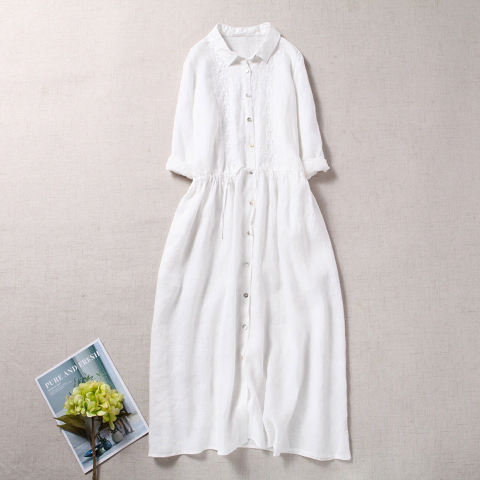 Meichang Robes Chemise en Coton et Lin pour Femmes, Unies, Coupe Ample, Manches Mi-Longues, Col à Revers, Boutonnées, Robes Midi, Fluides, Décontractées, Longues, Tuniques, Blanc, TG
