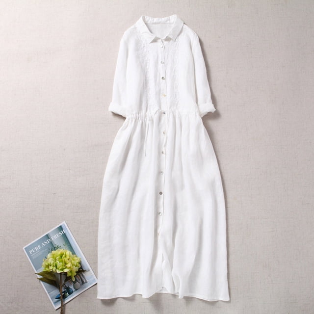 Meichang Robes Chemise en Coton et Lin pour Femmes, Unies, Coupe Ample, Manches Mi-Longues, Col à Revers, Boutonnées, Robes Midi, Fluides, Décontractées, Longues, Tuniques, Blanc, TG
