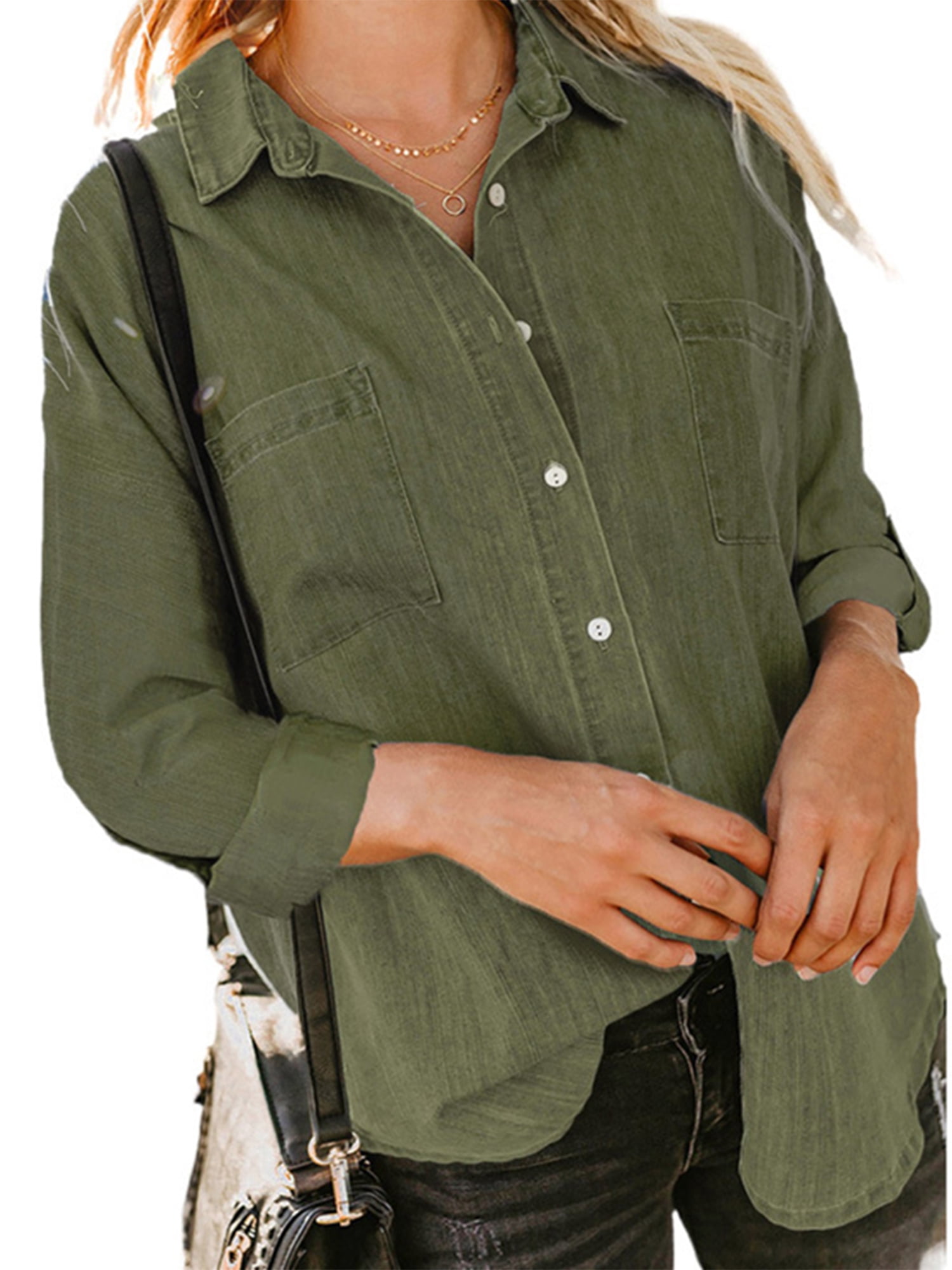 MAWCLOS Ladies Loose Curved Hem Denim Shirts Office With Pockets Tops Army Green M