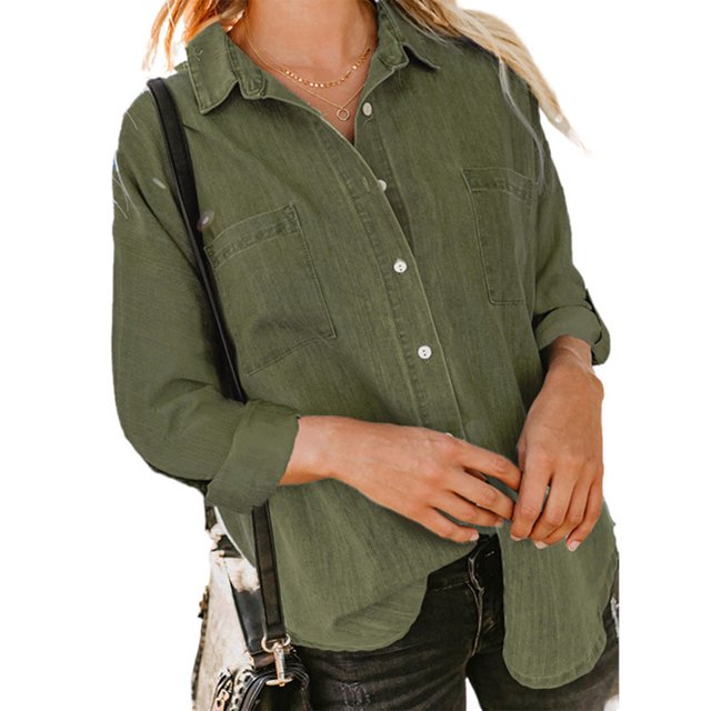 MAWCLOS Ladies Loose Curved Hem Denim Shirts Office With Pockets Tops Army Green M. A women's long-sleeve denim shirt in army green, featuring a lapel neckline, button-down front, and two chest pockets. Made from a lightweight blend of 35% polyester and 65% cotton, this hip-length top offers a casual and elegant look. Suitable for spring, fall, and winter, it pairs well with jeans or leggings for work, casual outings, or vacations.