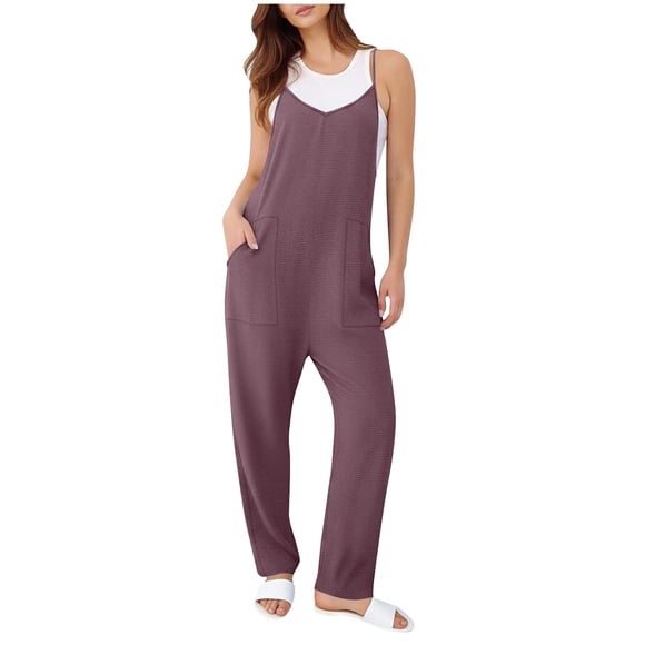 SZJXBUY Jumpsuits Woman Dressy Sleeveless Casual Summer Jumpsuit Spaghetti Strap Baggy Long Pants Overalls with Pockets Purple,XXL