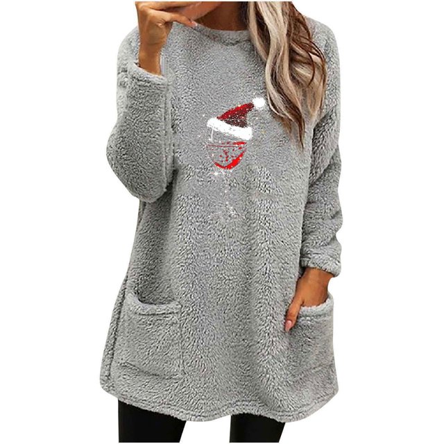 Pisexur Chandails en Molleton de Noël pour Femmes en Polaire Douce à Manches Longues Col Rond Imprimé Verre de Vin Rouge Chandail-Over Chaud d'Hiver avec Poches