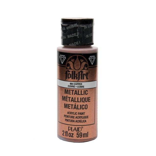Folkart Metallic Acrylic Paint copper 2 fl oz (59 ml) bottle with black cap sealed 'Made in USA', creamy acrylic paint with shiny metallic finish ideal for wood, paper, canvas, and versatile DIY art projects including stenciling and home decor.