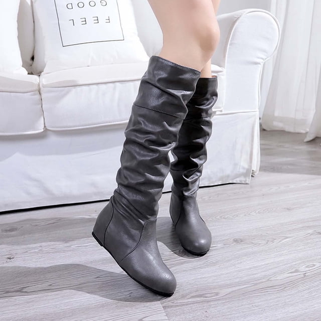 Babysbule Chaussures pour Femmes en Liquidation, Bottes Hautes à Enfiler pour Femmes à Talon Carré de Couleur Unie, Bottes Hauteur Genou à Bout Rond
