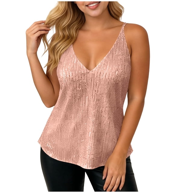 Plus Size Tank Tops for Women Loose Fit V-Neck Spaghetti Strap Sequin Ruched Waist Solid Top with Stretchy Lining