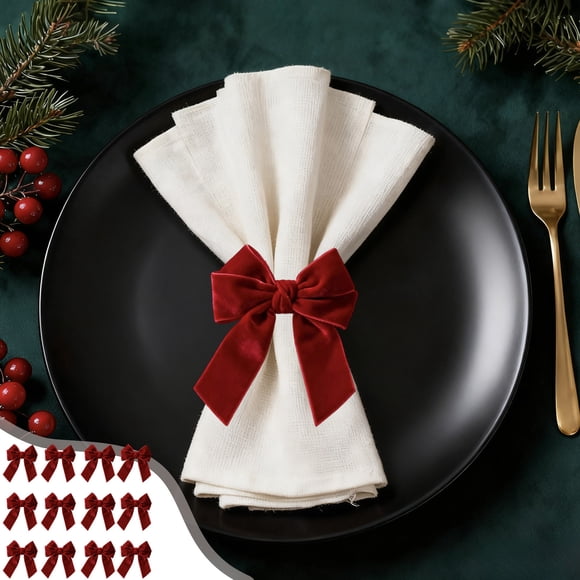 Iumwxz Ensemble de 12 Anneaux pour Serviettes de Noël Verts en Polyester avec Nœud, Supports pour Serviettes pour Décorations de Table des Fêtes, Chaque Anneau Mesure 5.4x4.5x4cm, Réutilisable pour les Dîners Quotidiens