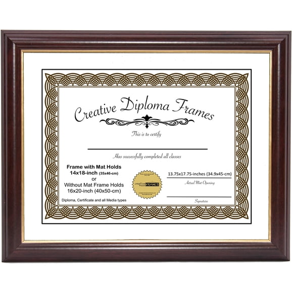 CreativePF [14x18-Diploma] Mahogany Frame with Gold Rim, White Matting Holds 14x18-inch Documents with Glass and Installed Wall Hanger