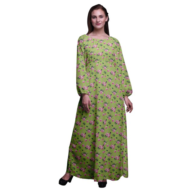 Bimba Robe Maxi à Manches Longues pour Femmes en Georgette Mousse Imprimée de Feuilles et de Renoncules à Taille Élastique - Medium