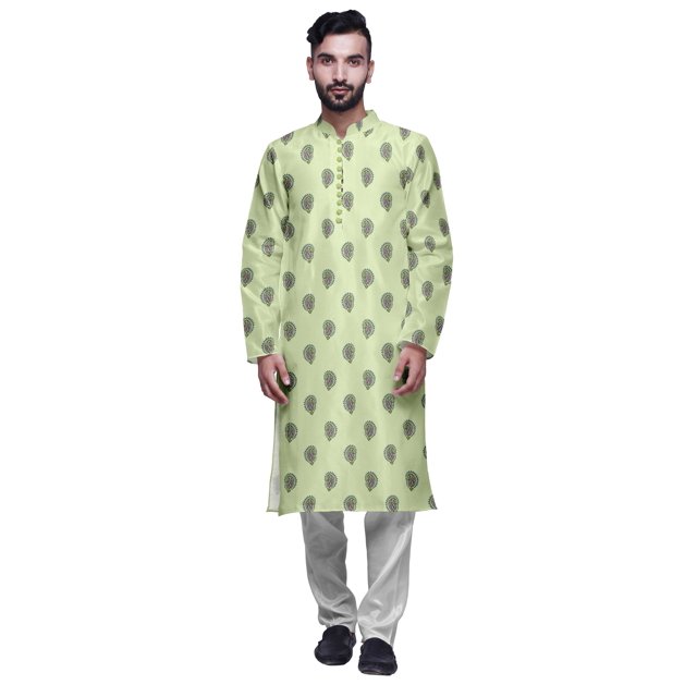 Atasi Kurta Long Indien en Satin Modal Imprimé pour Homme avec Ensemble de Pyjama Churidar Blanc