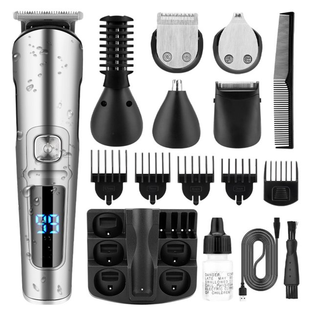 6-IN-1 Men's Hair Clipper Set featuring a silver and black electric trimmer with six replaceable cutting heads, five adjustable guide combs, a storage base, lubricating oil, a cleaning brush, a USB charging cable, and a user manual. The trimmer is fully washable with an IPX6 waterproof rating, suitable for wet and dry use, and includes an LED digital display showing battery life. Designed for grooming hair, beard, eyebrows, and body hair, including underarms, chest, and groin. Powered by a 600mAh rechargeable battery with 80 minutes of usage time after a 2-hour charge.