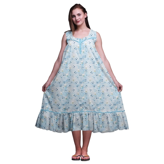 Bimba Nuisettes en Coton Bleu Bébé à Imprimé Empreintes d'Oiseau et Canard pour Femmes, Robe Sans Manches, Vêtement de Nuit, Robe Maxi, Très Grand