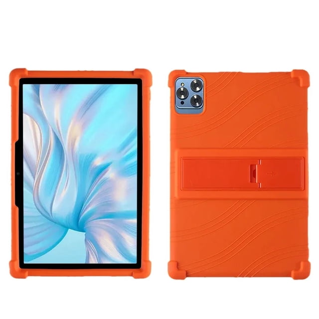 For DOOGEE First Tablet T10 10.1 Inch Tablet protective case in orange, made of thickened anti-falling and anti-collision silicone material. This shockproof and drop-resistant tablet sleeve features a solid pattern and precise cutouts for camera and ports. Dimensions: 25cm length and 17cm width.