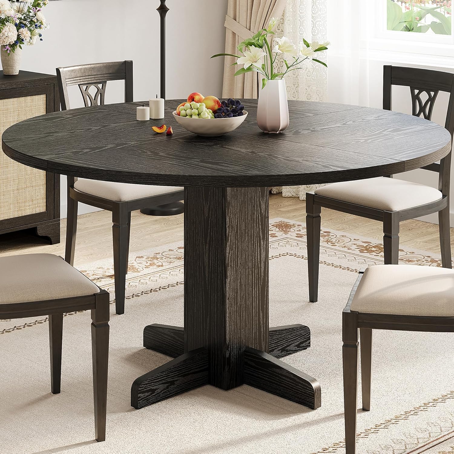 IdealHouse Round Dining Table, 47 Inch Kitchen Table for 4-6 People, Modern Farmhouse Circle Dinner Table with Wooden Pedestal Base, Wood Dining Room Table for Kitchen, Black (Table Only)
