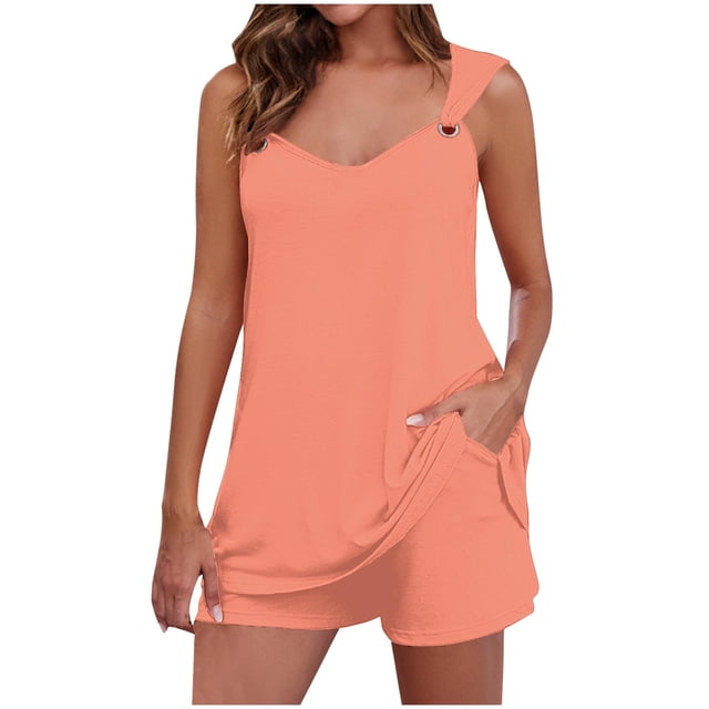 Yuyuzo Womens Lounge Sets Two Piece Square Neck Tank Tops Wide Leg Shorts with Pockets Matching Outfits