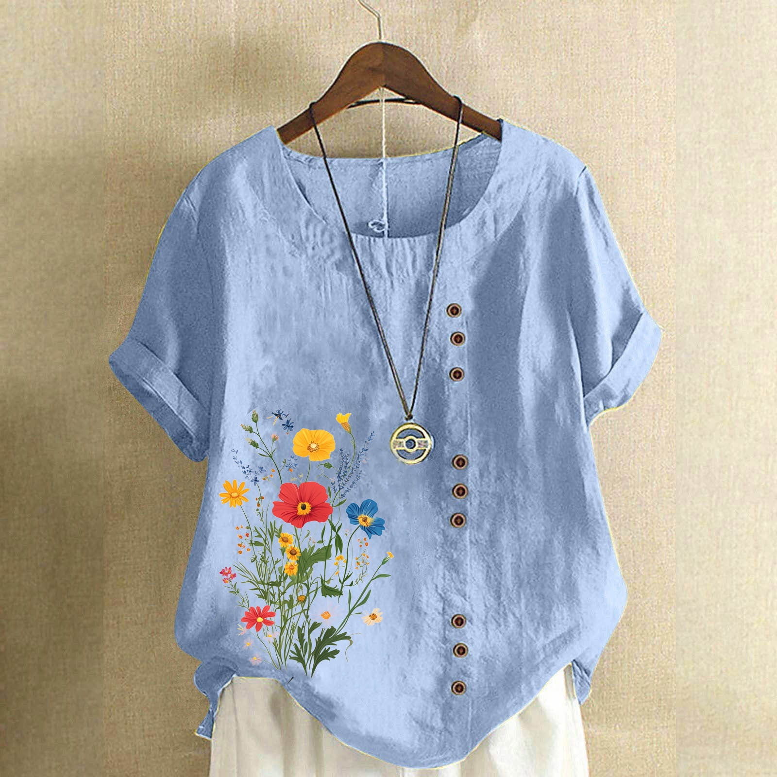 Staron Summer Blouses For Women Clearance Roll Up Short Sleeve Plus Size Summer Dressy Loose Tunic Round Neck Floral Print Cotton Linen Tops Shirts