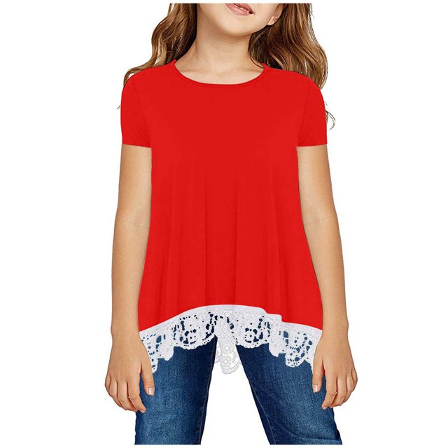 MeetoTime Kids Short Sleeve Tops Summer Casual Round Neck Gradient Color Lace Layered T-Shirt Tee for Girls