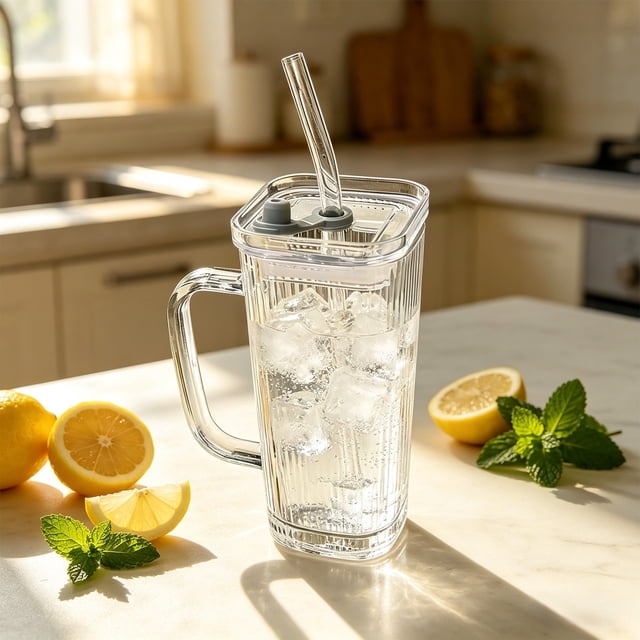 Tasse d'Eau en Verre avec Poignée, Couvercle et Paille Réutilisable, Tasse à Boisson en Verre Trempé Transparent Sans Plomb, 250 ml